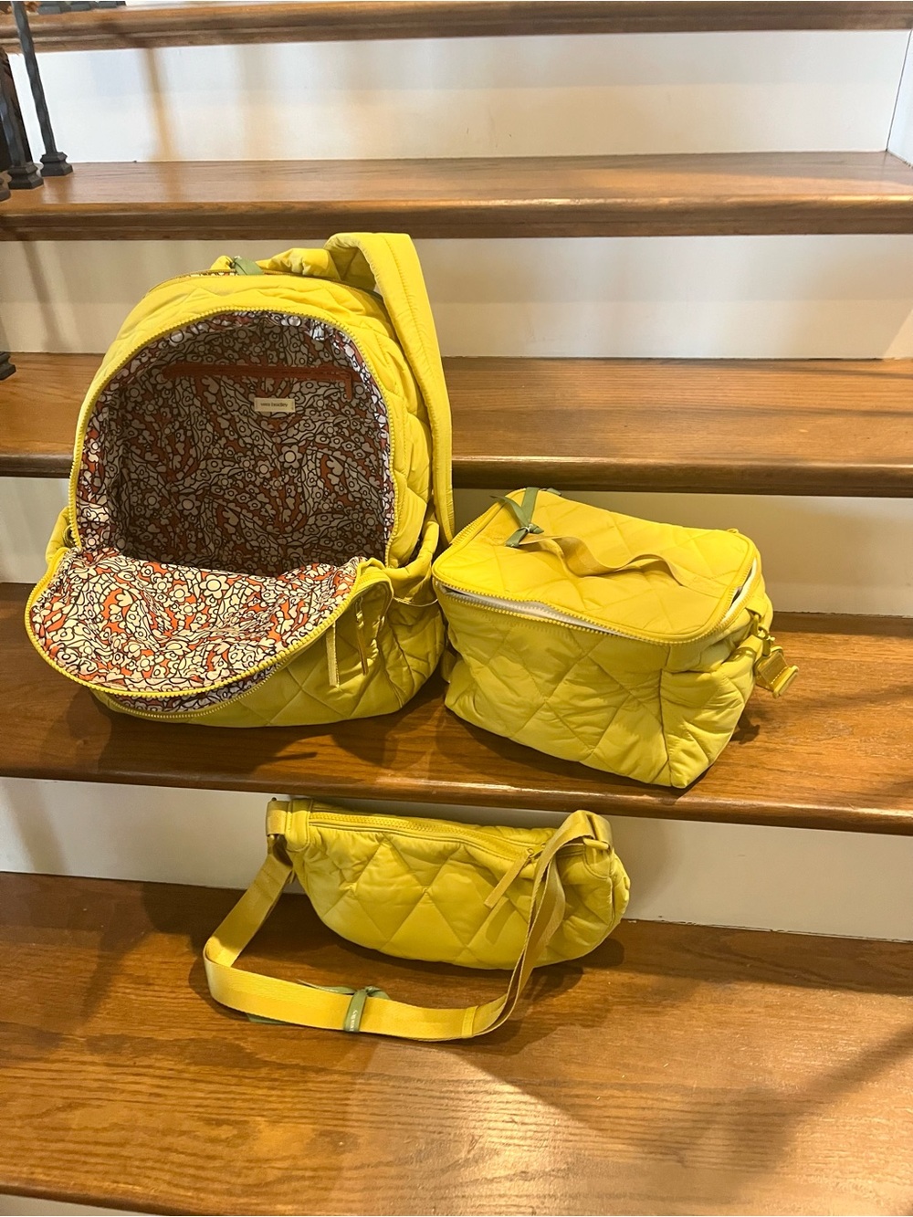 Vera Bradley Yellow/Green Apple Quilted Set, lunchbox, backpack, and purse.
